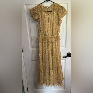 Moon River Mustard Floral Ruffle Tiered Midi Dress